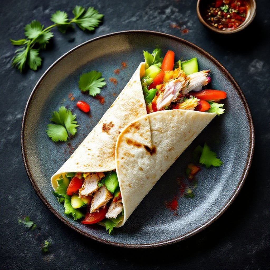 Quick lunch wrap with leftover chicken - Leftover chicken, a soft tortilla, and a few crisp veggies are all you need to make something fresh