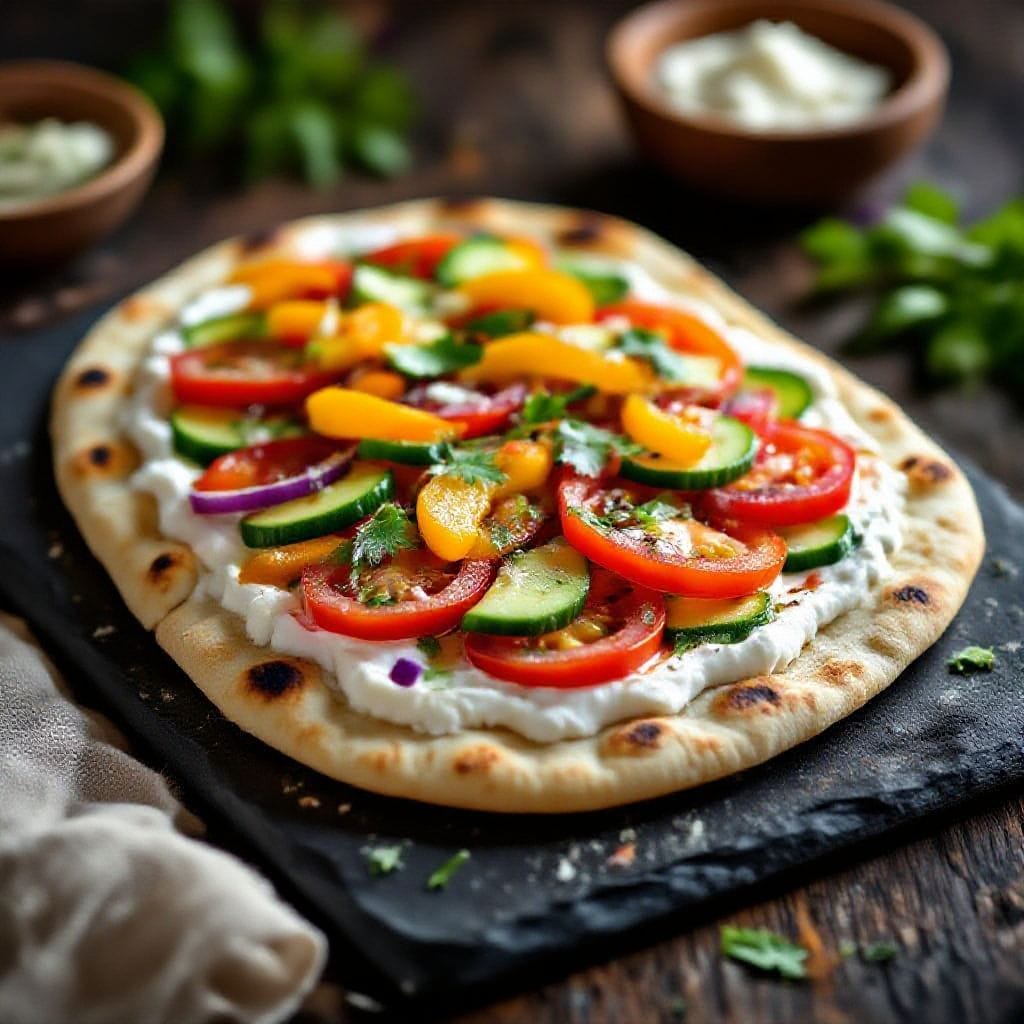 Quick savory lunch flatbread recipe - It starts with store-bought flatbread or naan, then layers on a creamy spread, bright veggies, melty