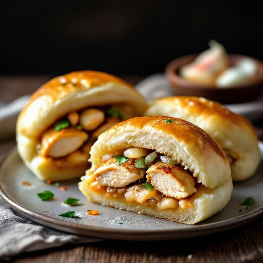 Savory chicken stuffed buns recipe - The chicken is juicy, well-seasoned, and balanced with a gentle sweetness from onions