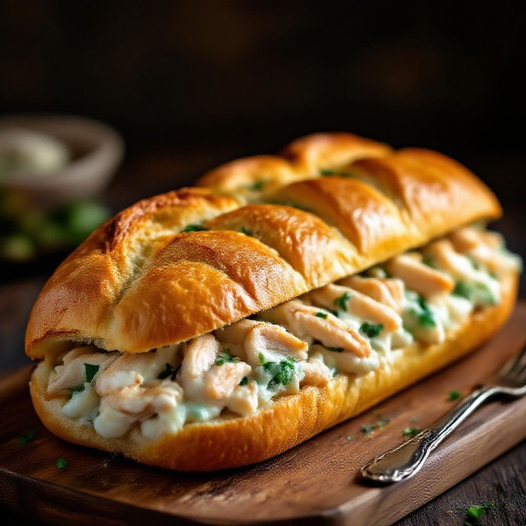 Savory lunch bread loaf with chicken filling - The bread bakes up golden and soft, and the chicken filling is creamy, herby, and full of flavor wit