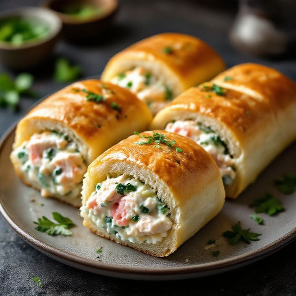 Savory lunch rolls with chicken filling - They’re soft, hearty, and stuffed with a creamy, herby chicken mix that tastes great warm or cold