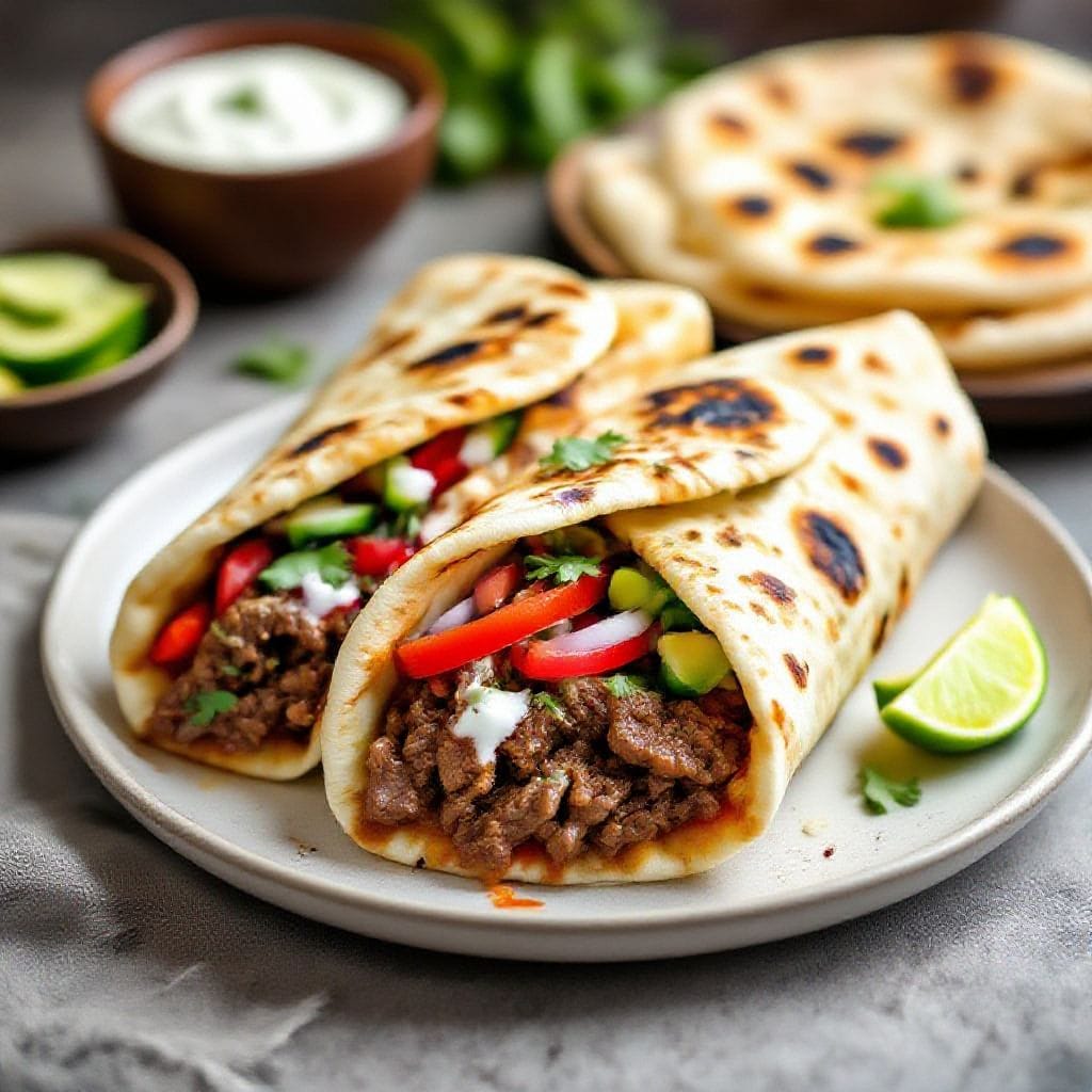 Spicy beef naan wrap recipe - Think tender, chili-kissed beef tucked into warm, pillowy naan with crisp veggies and a cool, tangy