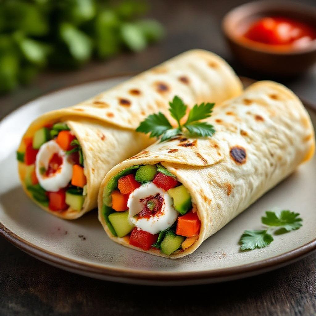 Spicy veggie wrap rolls - Think crunchy veggies, creamy sauce, and a warm kick of spice, all rolled up in a soft tortilla