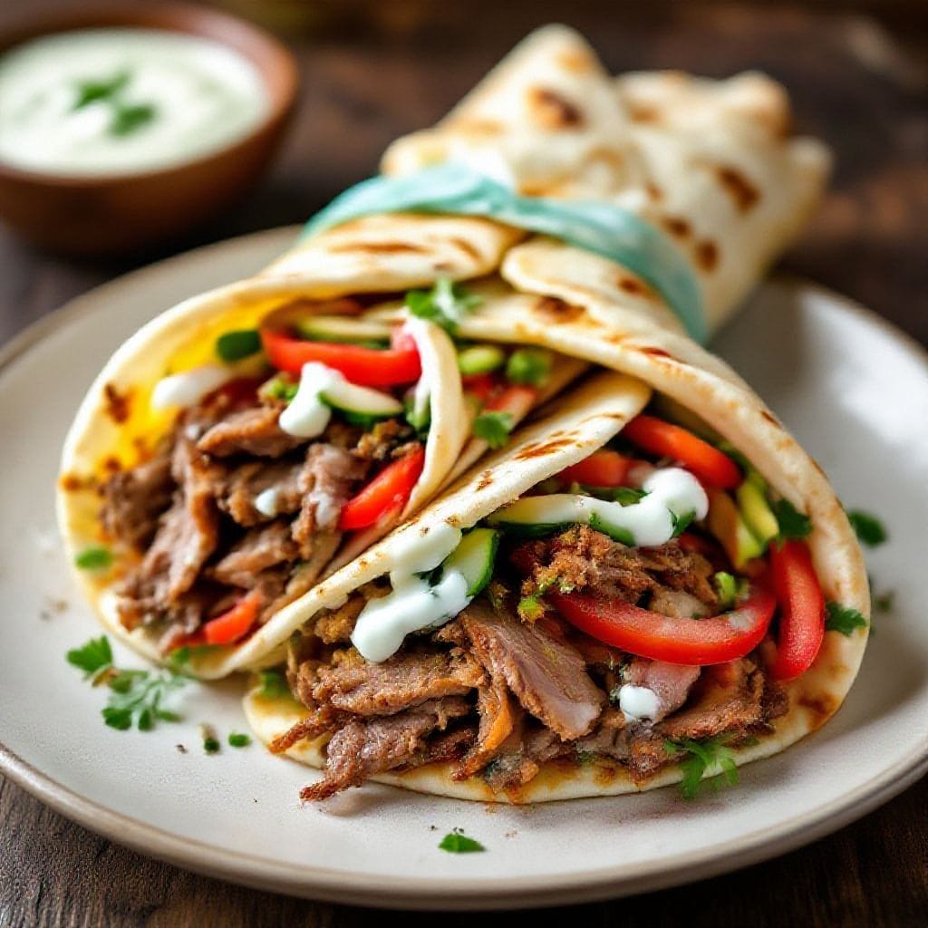 Turkish doner kebab wrap recipe - Tender, spiced meat slices, crisp veggies, a creamy-garlicky sauce, and soft flatbread—every bite hi